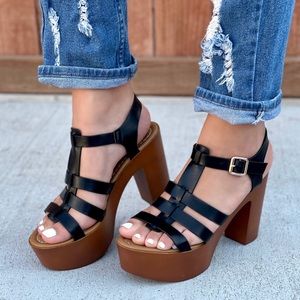 Black Platform Chunky Heel Wedges